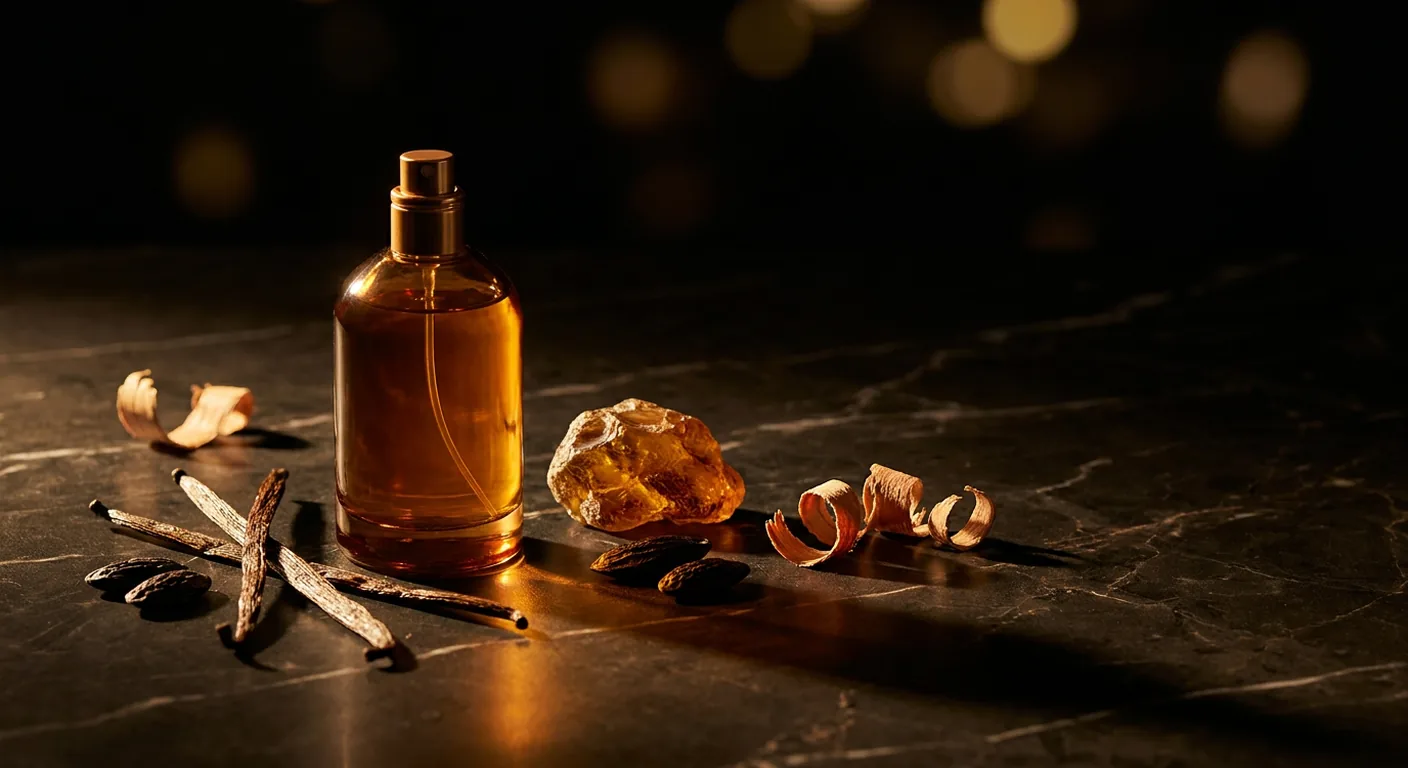 Frascos de perfume âmbar e dourado alinhados sobre superfície escura, com favas de baunilha, resina e lascas de madeira ao lado