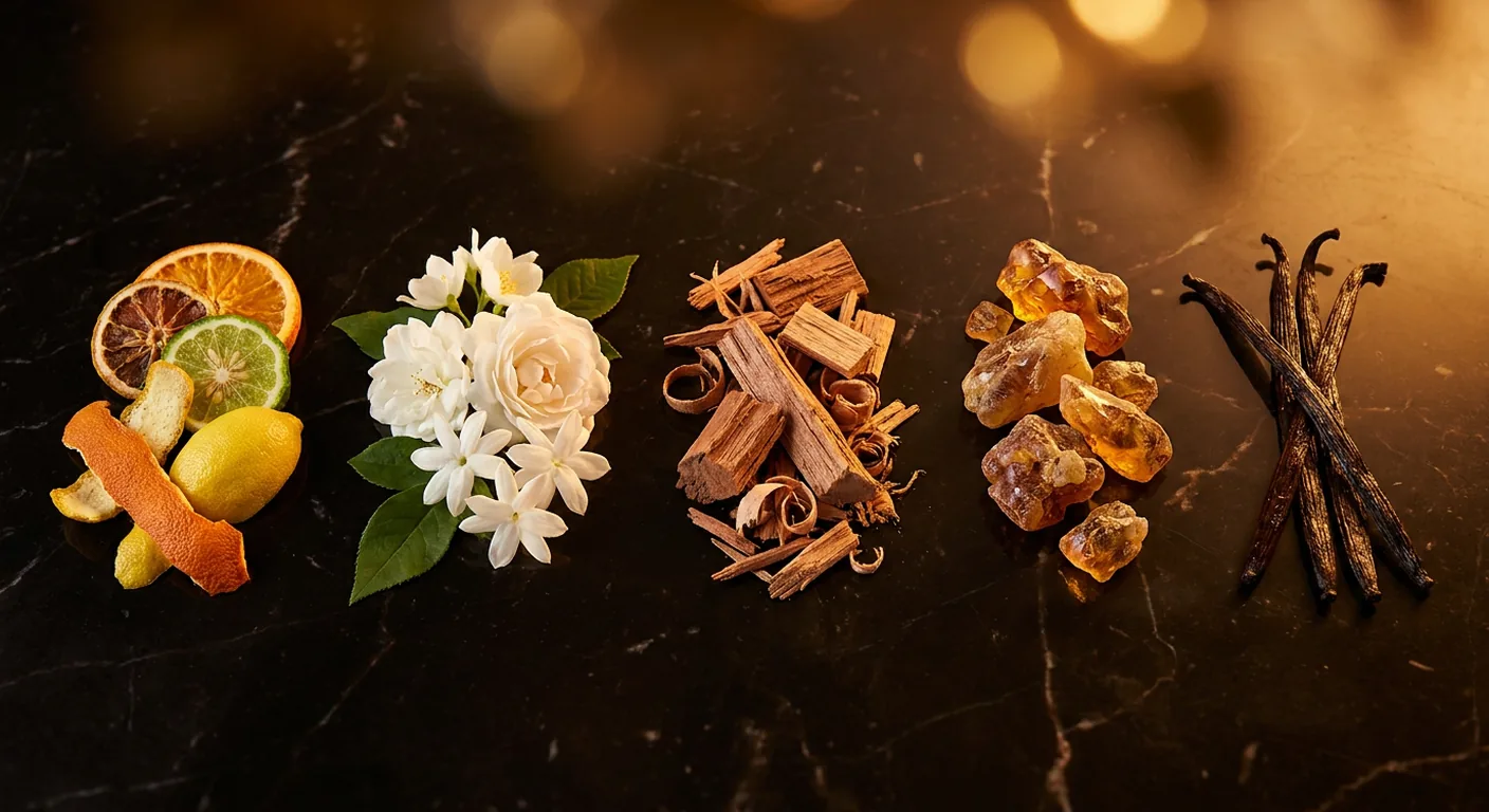 Frascos de perfumes importados de diferentes cores agrupados sobre mármore escuro, representando as famílias olfativas