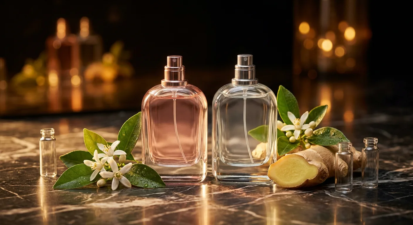 Frasco de perfume feminino sobre superfície clara, ao lado de decants de vidro de perfumes importados florais adocicados